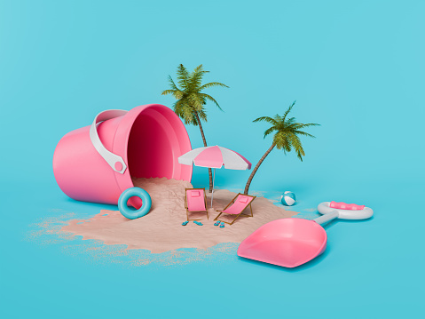 3d rendering of a surrealistic beach scene with a giant pink bucket spilling sand, complete with palm trees, sun loungers, and beach toys on a bright blue background, creative summer concept.