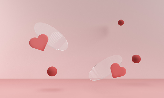 3D pink background with product podium and hearts.