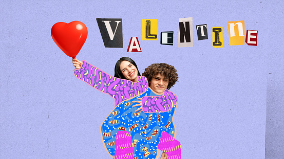 Promotional poster for Valentine's themed event or party. Young couple, boyfriend and girlfriend celebrating. Cut out letters. Contemporary art. Valentine's Day, holiday, love, February 14th concept.