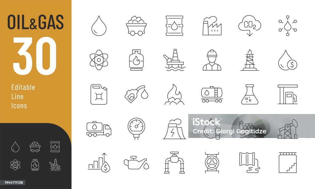 Oil And Gas Line Editable Icons set Vector illustration in modern thin line style of fossils fuel related icons: production, processing, transportation of oil and gas, and more. Isolated on white. Icon Symbol stock vector Oil And Gas Line Editable Icons set Vector illustration in modern thin line style of fossils fuel related icons: production, processing, transportation of oil and gas, and more. Isolated on white. Icon Symbol stock vector