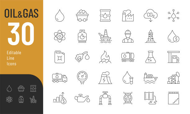 Oil And Gas Line Editable Icons set Vector illustration in modern thin line style of fossils fuel related icons: production, processing, transportation of oil and gas, and more. Isolated on white. drilling rig stock illustrations