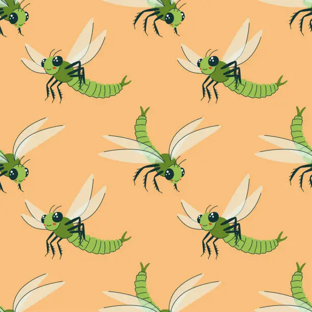 Vector illustration of Seamless vector illustration. Pattern with flying cute dragonfly