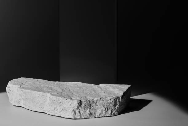 istock Flat stone pedestal, black and white template, banner background. Minimalism concept, empty podium display product, presentation scene 1944729189