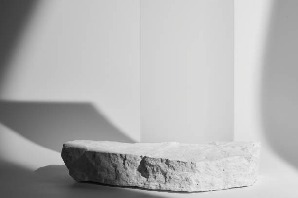 istock Flat stone pedestal, black and white template, banner background. Minimalism concept, empty podium display product, presentation scene 1944730234