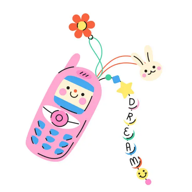 Vector illustration of Cute cartoon illustration of retro 2000s pink mobile cellphone.