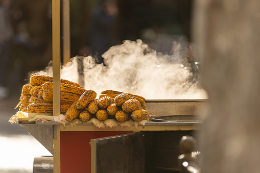 Grilled corn stand on the street of Istanbul city.