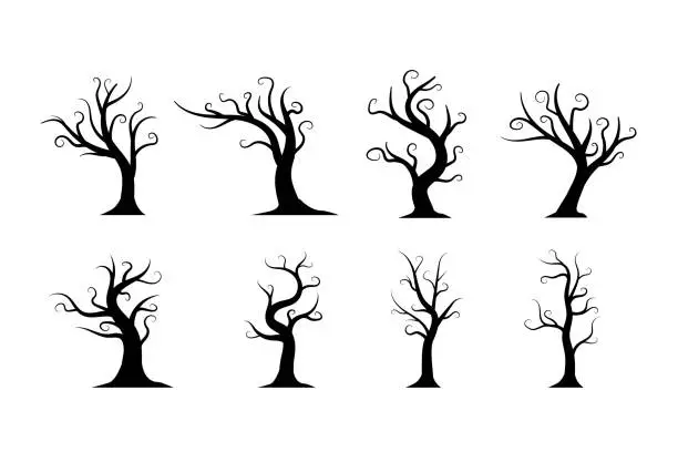 Vector illustration of silhouette of spooky halloween trees collection