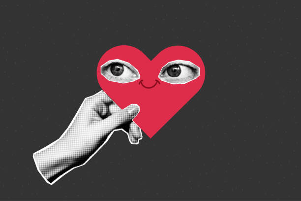 Halftone collage banner, hand holding heart with eyes. Halftone collage banner, hand holding heart with eyes. Magazine cut paper elements on a textured dark background. Love, valentine's day, romance. newspapers vector stock illustrations