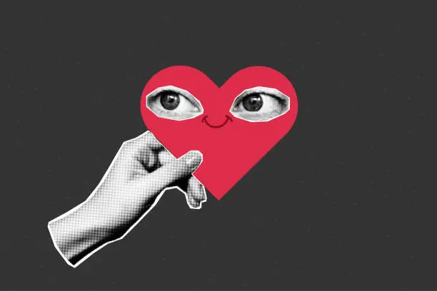 Vector illustration of Halftone collage banner, hand holding heart with eyes.