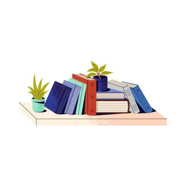 Vector illustration of Stack of paper books on shelf. Houseplants and diaries on bookcase. Fiction literature, novels in home library. Reading hobby. Education sticker. Flat isolated vector illustration on white background