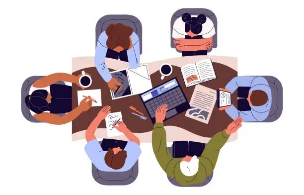 Vector illustration of Team works on the table top view. Employees sitting around desk, discuss management processes. People meeting for negotiation in office. Students teamwork. Flat isolated vector illustration on white