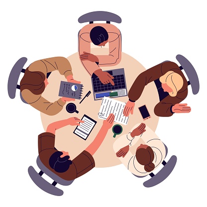 People sitting around round table top view. Employees work together, planning. Office meeting, teamwork on the desk. Students discuss project, communicate. Flat isolated vector illustration on white.