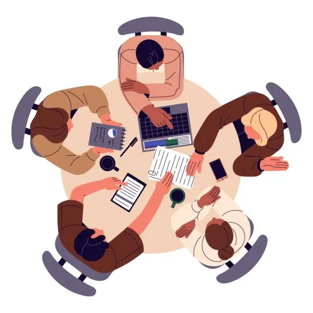 Vector illustration of People sitting around round table top view. Employees work together, planning. Office meeting, teamwork on the desk. Students discuss project, communicate. Flat isolated vector illustration on white