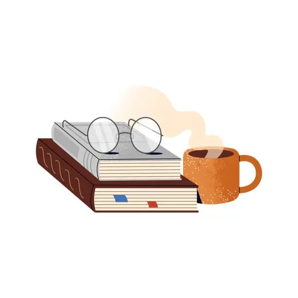 Vector illustration of Glasses on pile of textbooks. Paper books stack with cup of hot tea. Education literature with bookmarks for study, learn. Reading sticker. Flat isolated vector illustration on white background