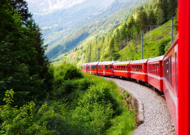 istock Red train moving in beautiful green summer forest in Switzerland 1944771661