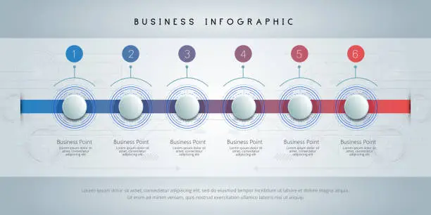 Vector illustration of Infographic 6 Steps Modern Timeline diagram with progress circle topics