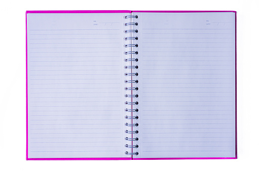 Notebook with distance lines, pink cover, white background, isolated