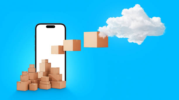 istock Delivery box and mobile smartphone on blue background. Sending files to a cloud server, creative idea. Storing files in the cloud, concept. Online shopping and retailing. Delivery of purchases. Cargo 1944824632