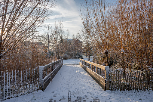 Eco-neighborhood. View of a wooden bridge along a pathway under the snow in a park