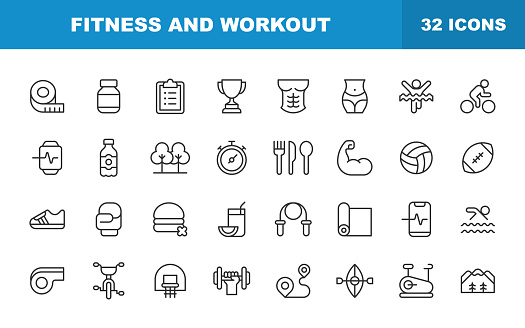 Fitness and Workout Line Icons. Editable Stroke. Contains such icons as Body, Diet, Exercising, Gym, Healthy Lifestyle, Meditation, Sport, Sleep, Medal.