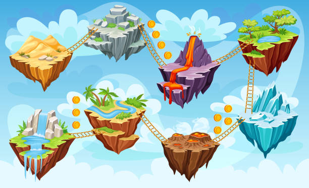 Islands level map. Adventure game play stage, road award fantasy island levels flying land platform bridge in sky, arcade gaming nature world ui layout neoteric vector illustration Islands level map. Adventure game play stage, road award fantasy island levels flying land platform bridge in sky, arcade gaming nature world ui layout vector illustration of adventure gui cartoon fantasy island waterfall stock illustrations