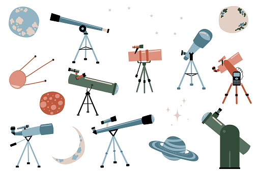 Cartoon observatorie. Research of galaxies, planets, stars, satellites