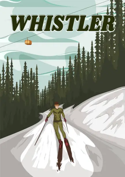 Vector illustration of A men solo skiing in whistler mountain illustration. Snowboarding on whistler mountain Canada. Ski resort in the mountain poster design