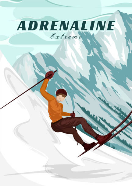 ilustrações, clipart, desenhos animados e ícones de homens esquiador design poster vintage. esqui de inverno na ilustração do poster vintage da montanha. cartaz de viagem de esqui de inverno - trois vallees illustrations