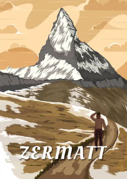 Vector illustration of Matterhorn mountain vintage poster design. Illustration of a men hiking matterhorn mountain in zermatt switzerland. Winter in switzerland poster illustration.