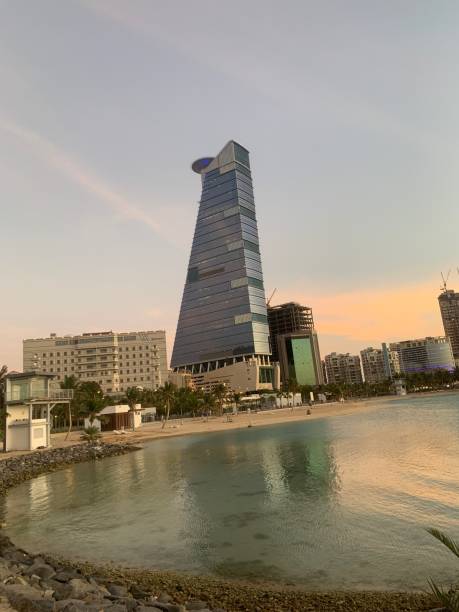 istock The skyscraper building view with the helipad and the pond view 1944871780