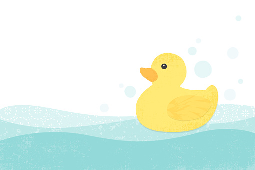 A yellow rubber duck bubbles, and wavy bath water, in a cut paper style with textures