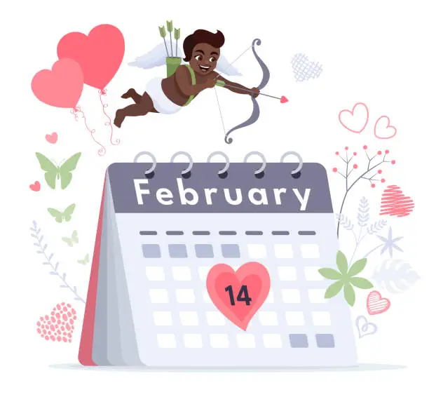 Vector illustration of Little African Cupid with bow and arrow hunting lovers. Calendar indicating February 14th. Celebrating Valentine's Day.