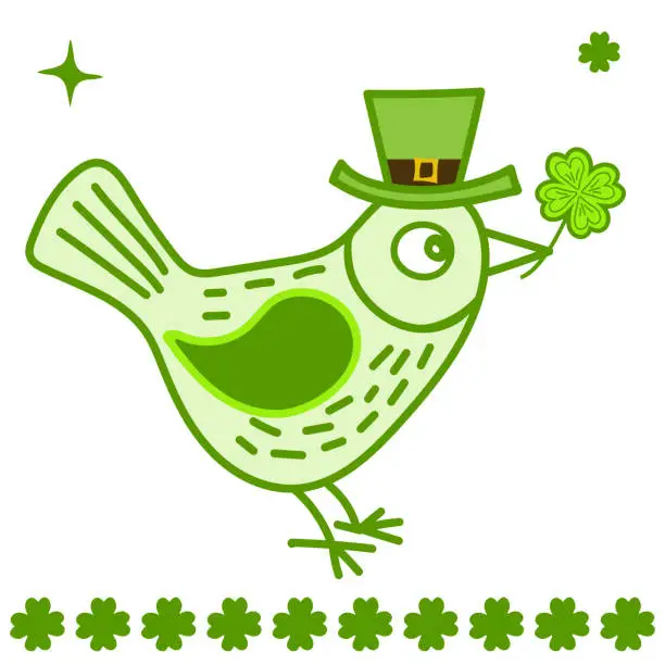 Vector illustration of Vector flat Lucky bird with shamrock in its beak. Cute St. Patrick Day illustration
