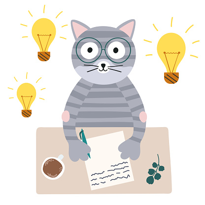 Cat writer. Idea, muse. Vector illustration in flat style