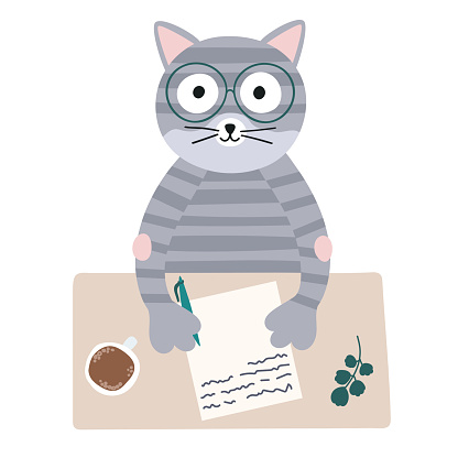 Cat writer. Vector illustration in flat style