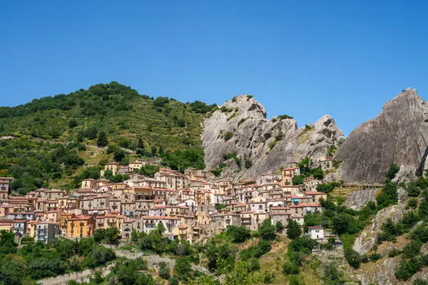 View of Castelmezzano, historic town in Potenza province, Basilicata, Italy