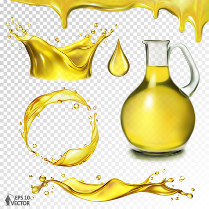 Vector set of oil or fuel splashes. Realistic food illustration. Transparent splashes of different shapes, oil in a jug isolated on a white background. Advertising and packaging design element