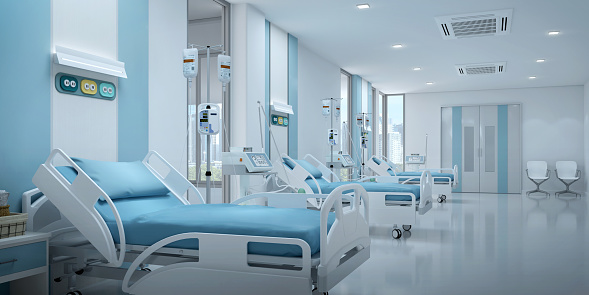 Hospital bed in recovery room with copy space.3d rendering