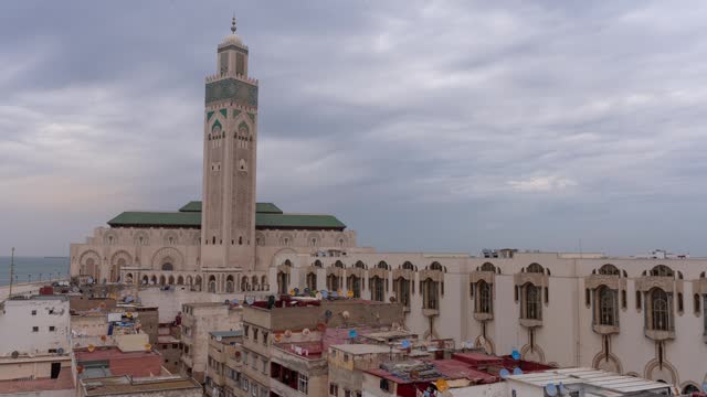 TIME LAPSE Mosquée Hassan II Mosque Moorish Architecture at Cloudy Sunset Casablanca, Morocco