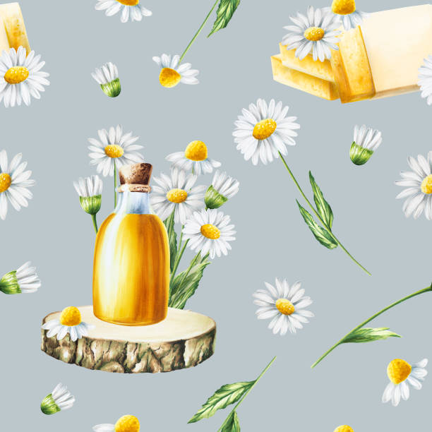 watercolor seamless pattern with white daisy flowers illustration and oil glass bottle with cork cap on a wooden saw isolated on background. chamomile. detail of beauty products and botany set, cosmetology and medicine. for designers, spa decoration - chamomile plant glass nature flower点のイラスト素材／クリップアート素材／マンガ素材／アイコン素材