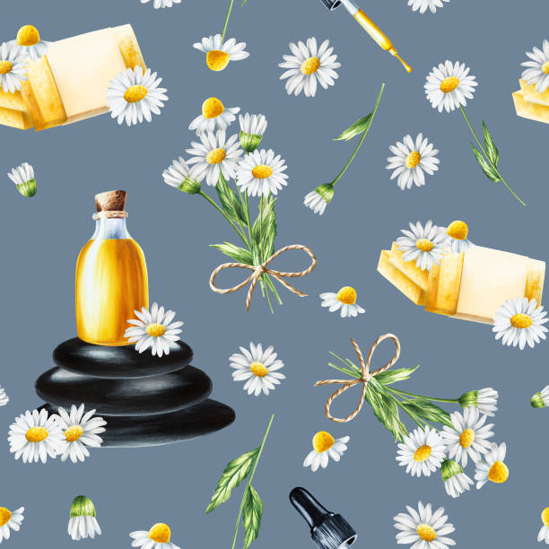 watercolor seamless pattern with white daisy flowers illustration and oil glass bottle with cork cap on a wooden saw isolated on background. chamomile. detail of beauty products and botany set, cosmetology and medicine. for designers, spa decoration - chamomile plant glass nature flower点のイラスト素材／クリップアート素材／マンガ素材／アイコン素材