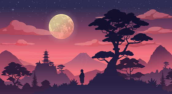 A beautiful night landscape of Japan, bathed in soft shades of pink and orange. A girl stands on the road and looks at the temple. Vector landscape in cartoon style.