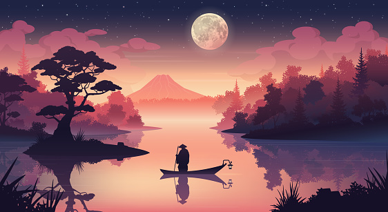 A beautiful night landscape of Japan, bathed in soft shades of pink and orange. The fisherman stands on the boat and looks out over the moon. Vector landscape in cartoon style.