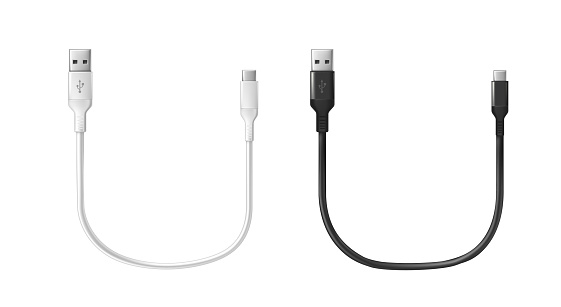 realistic vector icon. Black and white charging usb cabel. Isolated on white.