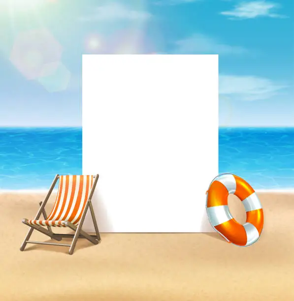 Vector illustration of 3d realistic vector illustration. Summer background. Beach sand with sea background. Paper copy space for banner menu or flyer with sunbed.