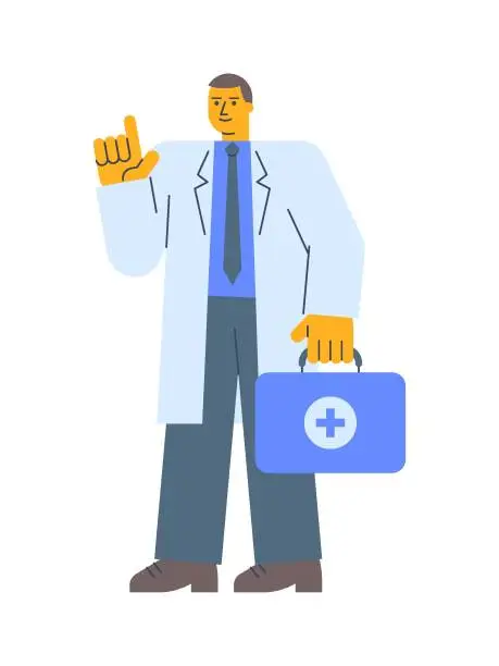Vector illustration of Doctor in robe holds suitcase points finger up and smiles