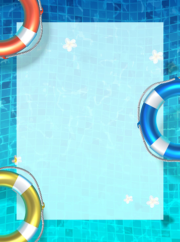 realistic vector illustration. Pool party banner top view with lifebyous.