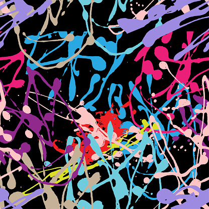 Abstract colorful funky graffiti splatters and splashes seamless pattern. Can be used for interior wallpaper, poster, wall art, textile, t shirt design, cards