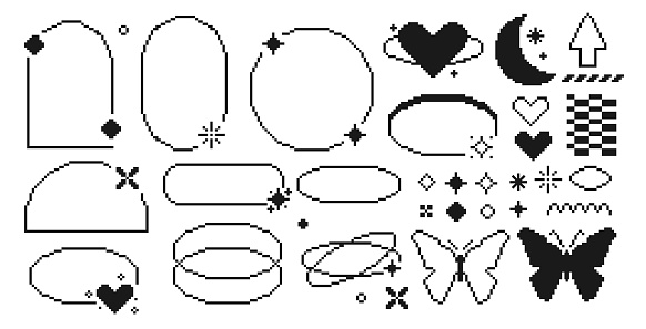 Set of Y2K pixel line frame. Abstract shape with heart and butterfly. Modern aesthetic line elements in retro style. Arch frame with sparkles