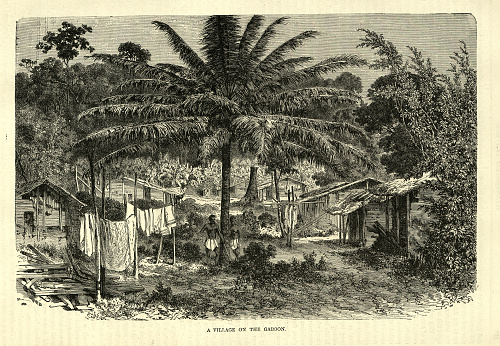 Vintage illustration Village in Gaboon, Victorian 19th Century.  Dr Griffon Du Bellay